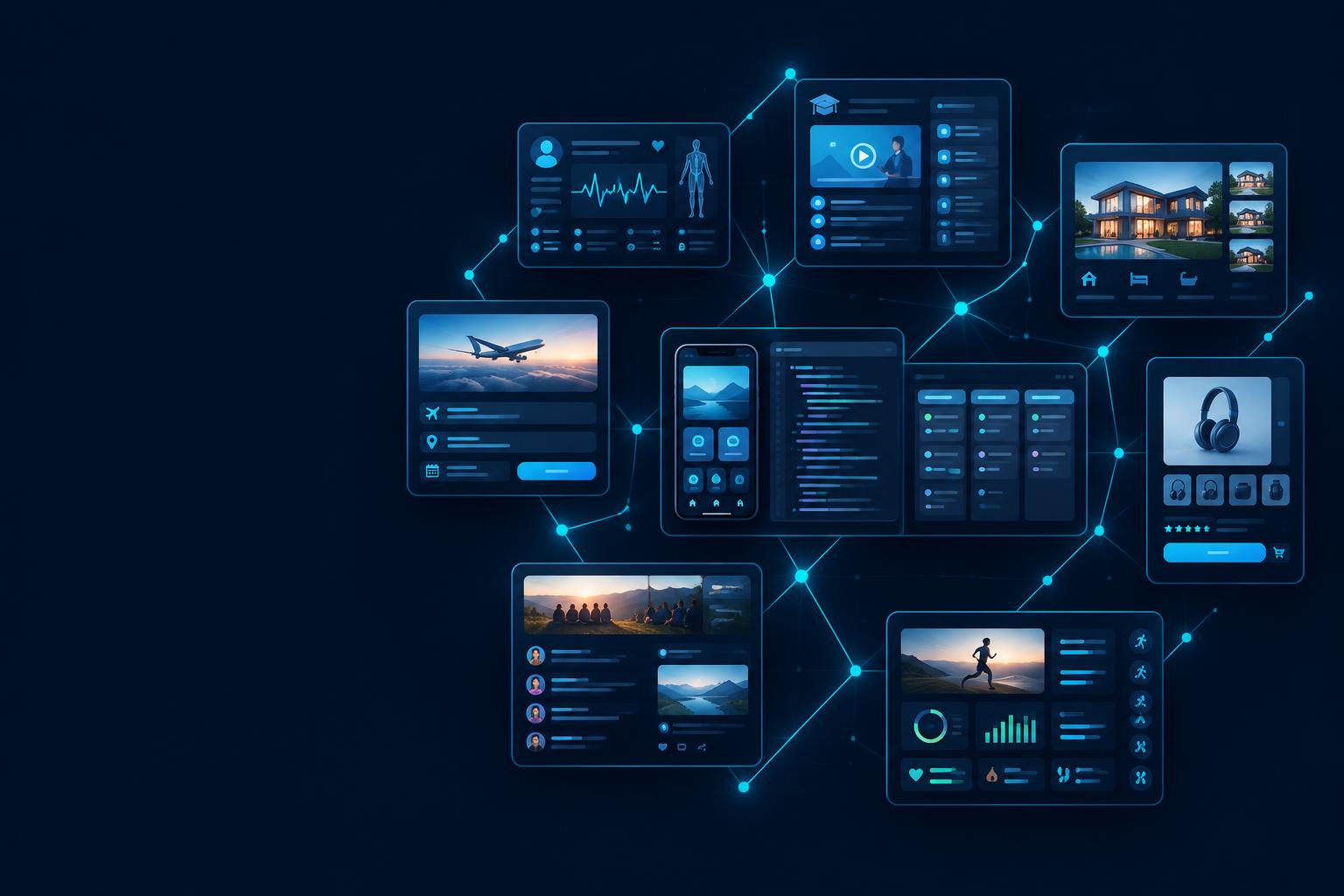 Connected software product screens across industries — healthcare, education, property, travel, commerce, community and fitness — around a startup product build cluster